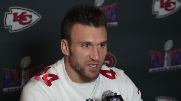 Feb 6, 2024; Las Vegas, NV, USA; San Francisco 49ers fullback Kyle Juszczyk (44) during a press conference before Super Bowl LVIII at the Hilton Lake Las Vegas Resort. Mandatory Credit: Kirby Lee-USA TODAY Sports  